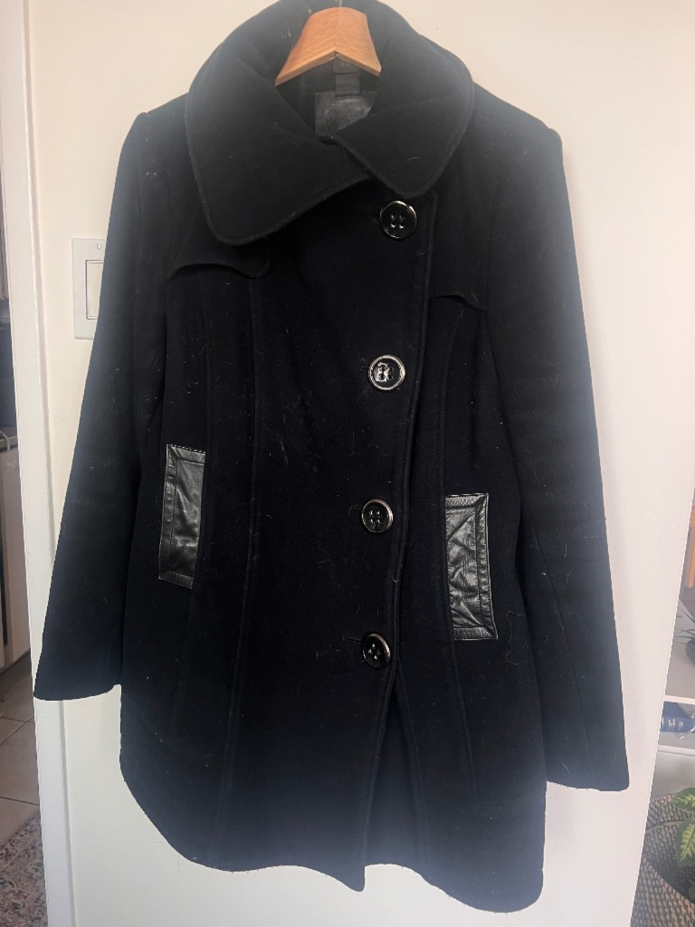 Mackage Black Wool-Blend Peacoat with Oversized Portrait Collar & Leather Trim